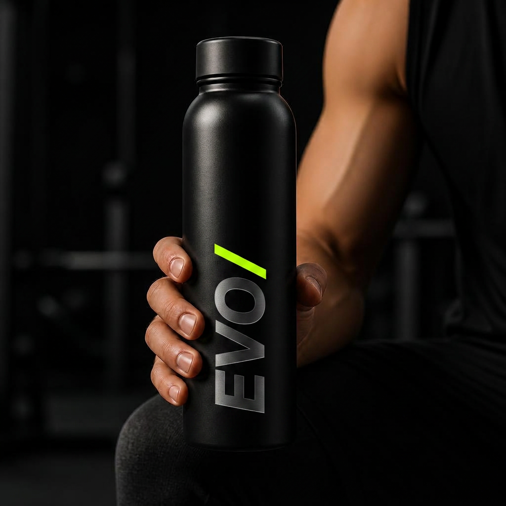 Athlete holding a black insulated EVO training bottle