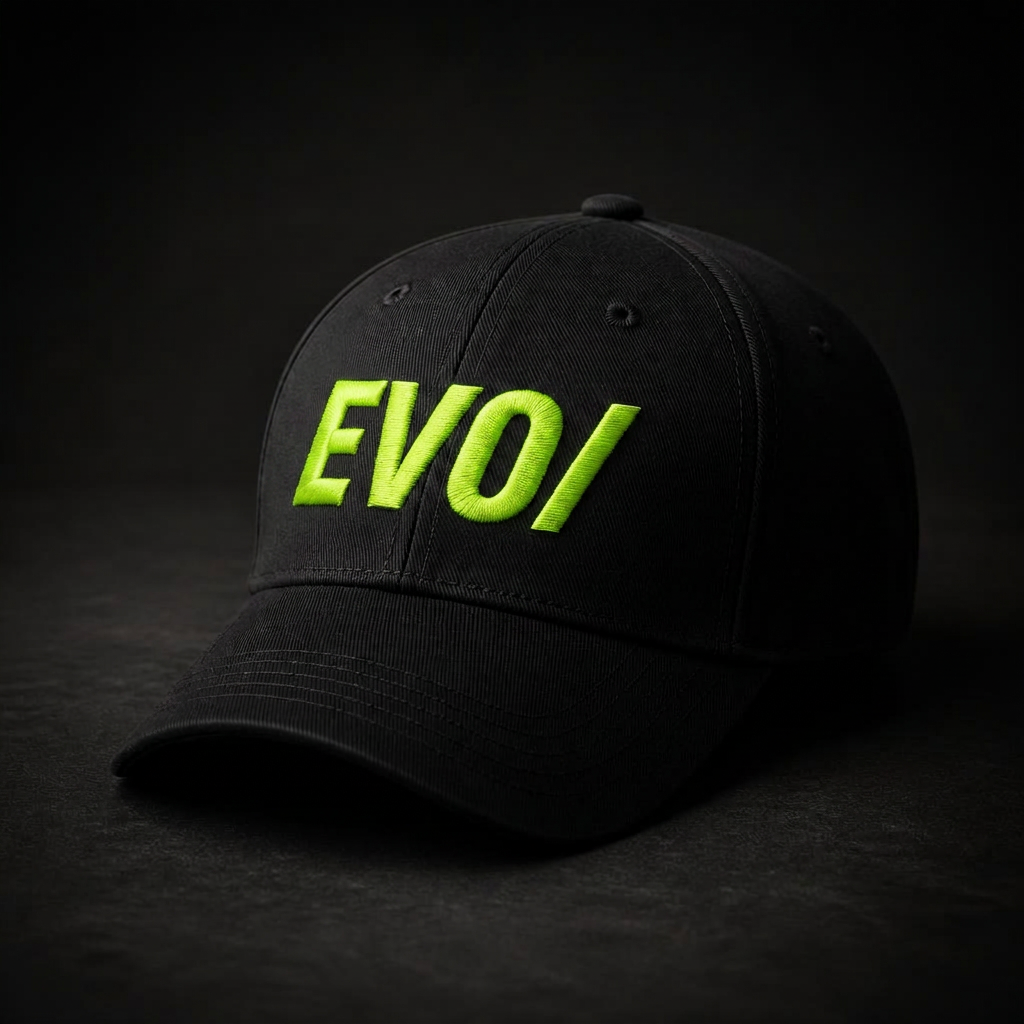 Black EVO structured performance cap on a dark surface
