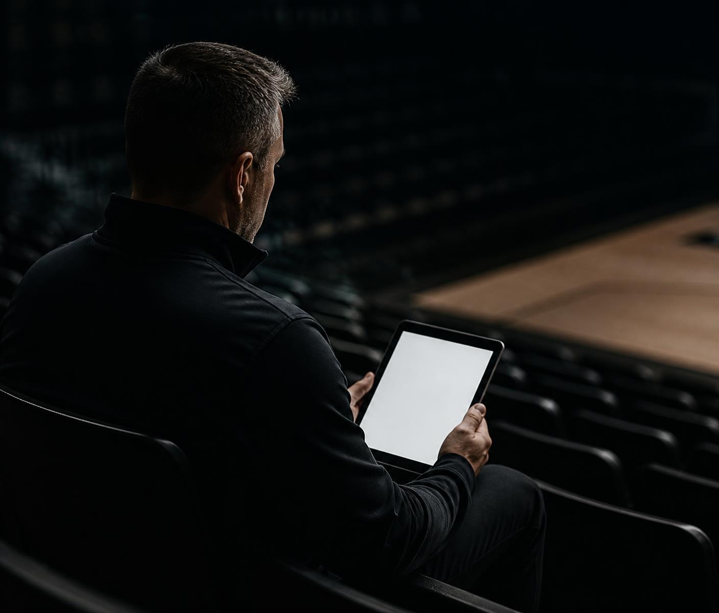 Coach reviewing a season of practice information in a dark arena
