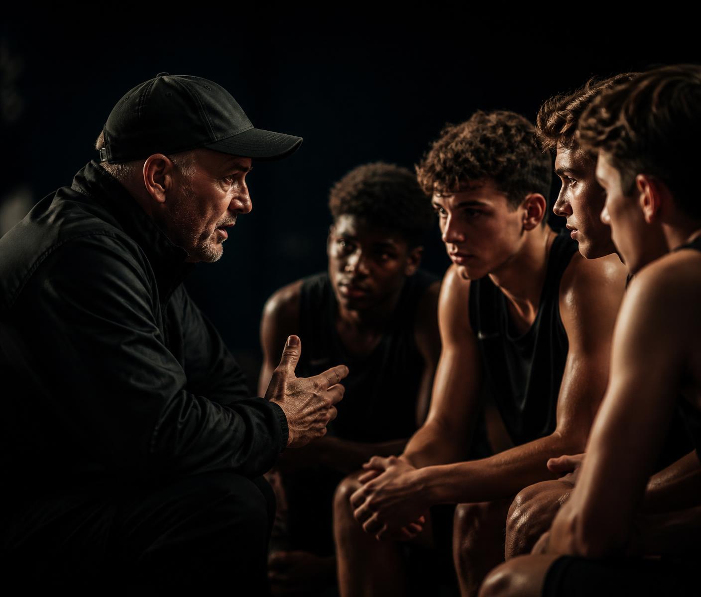 Coach speaking with a group of teenage athletes