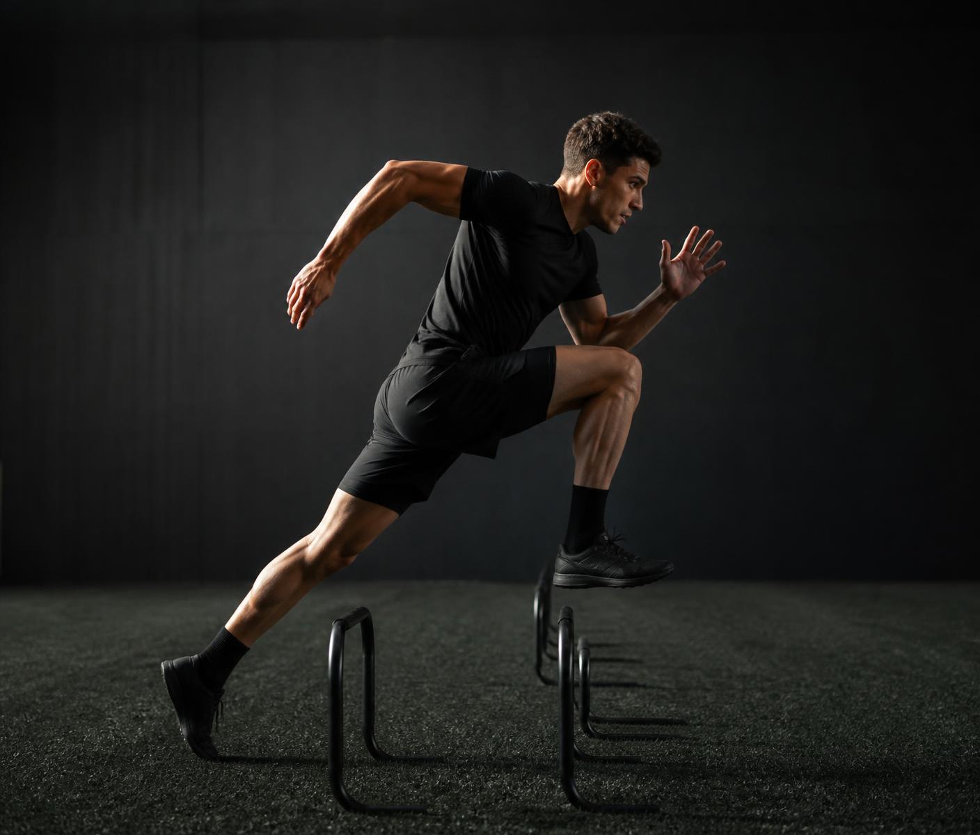 Athlete sprinting over hurdles in a dark performance facility