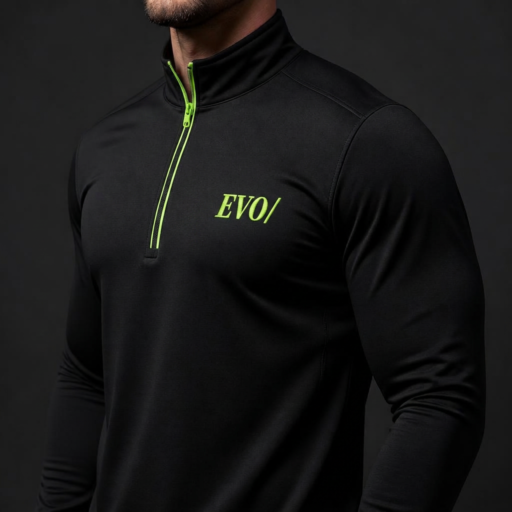 Athlete wearing a black EVO quarter-zip long-sleeve performance top