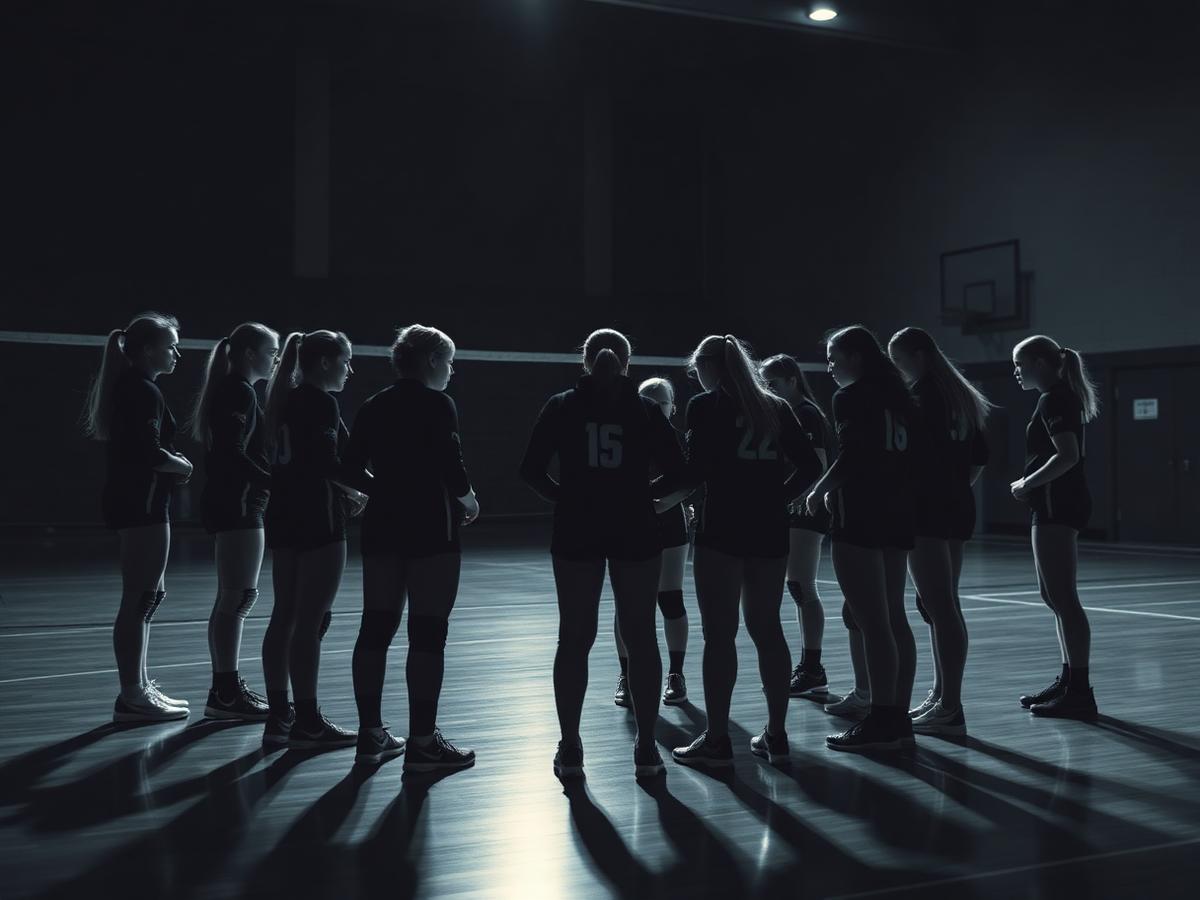 Volleyball team gathered in a huddle in a dim gym