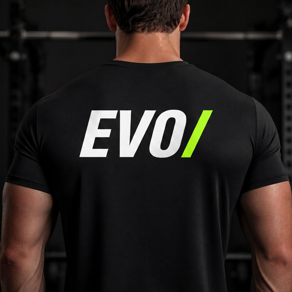 Athlete wearing a black EVO dry-fit training tee, seen from behind
